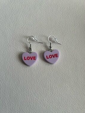 Conversation Hearts LOVE Drop Earrings in Purple with Pink Lettering